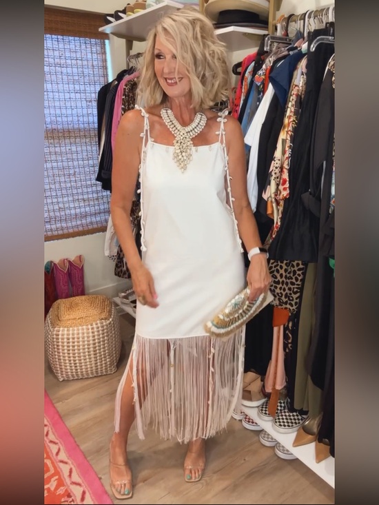 SHEIN Dresses & Skirts - SHEIN White Fringe Tie-Strap Seashell Midi Dress
